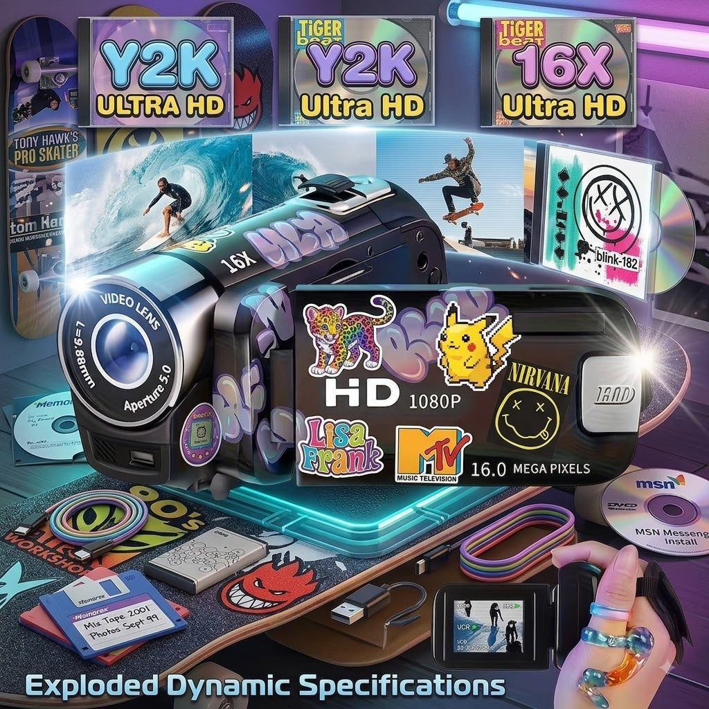 Prime 1080P Portable Digital Camcorder with Rotate Screen, Rechargeable Battery & 32G Card