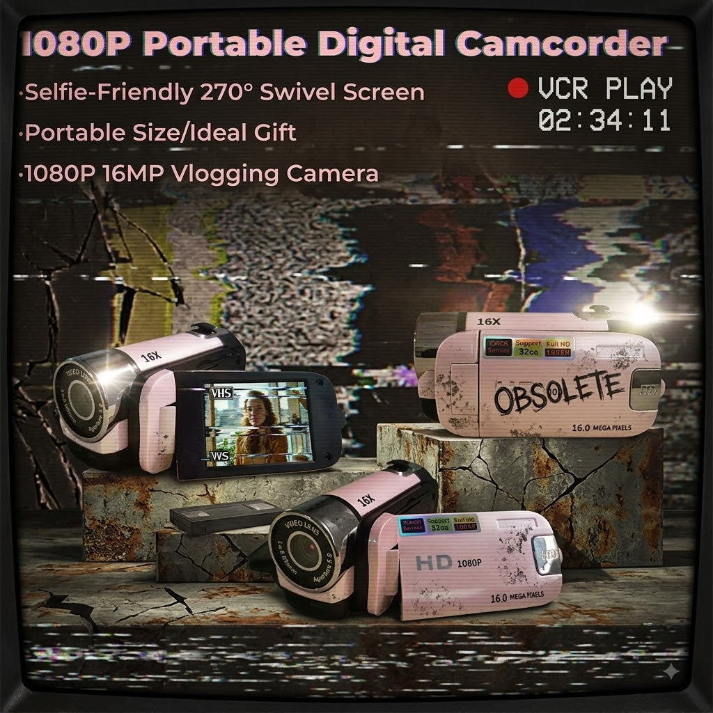 Prime 1080P Portable Digital Camcorder with Rotate Screen, Rechargeable Battery & 32G Card