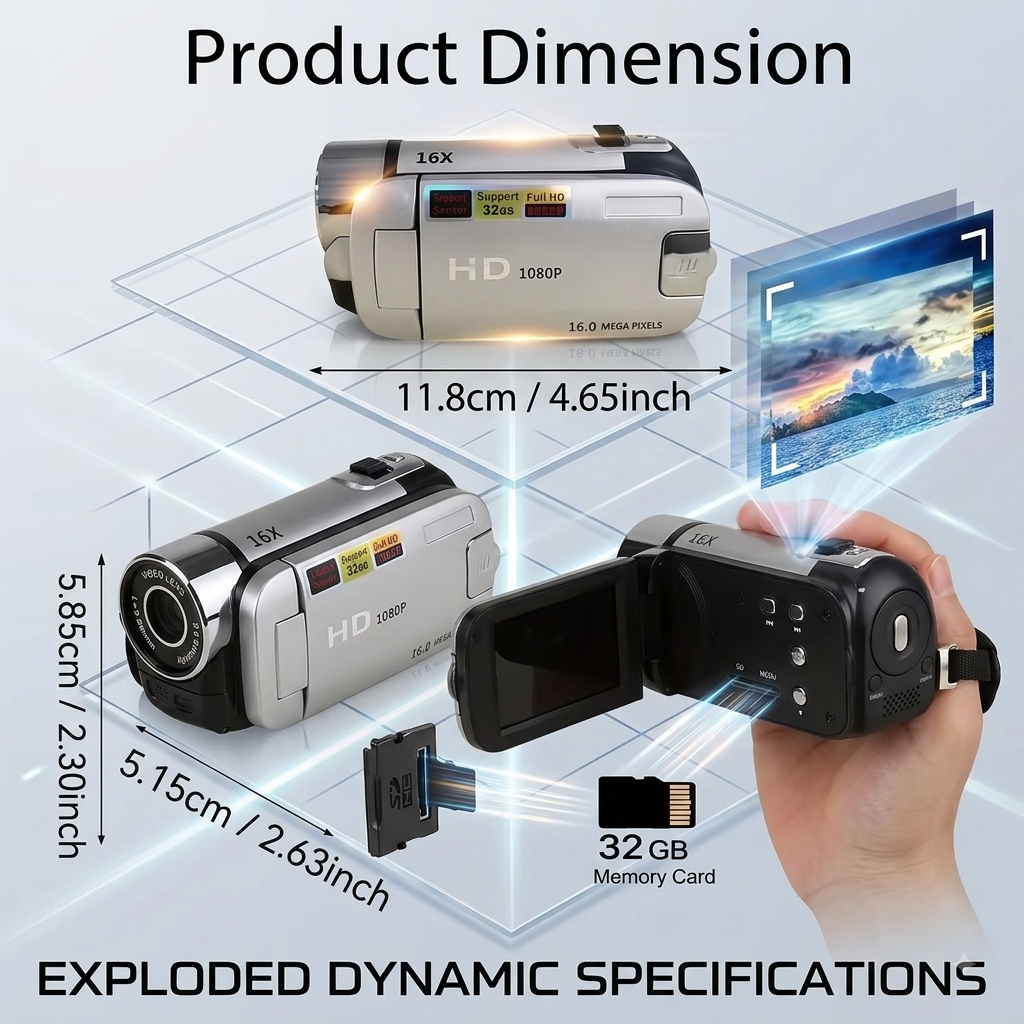 Prime 1080P Portable Digital Camcorder with Rotate Screen, Rechargeable Battery & 32G Card