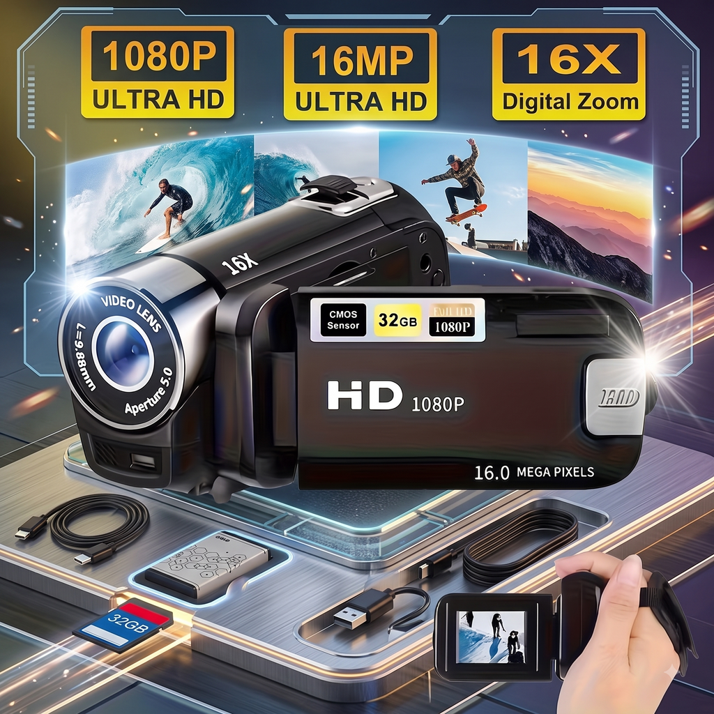 Prime 1080P Portable Digital Camcorder with Rotate Screen, Rechargeable Battery & 32G Card
